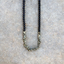 Load image into Gallery viewer, Pepas Necklace - Long Black Lava and Pyrite Neckace - MERCe