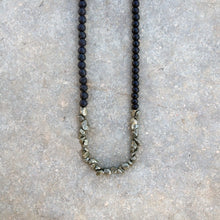 Load image into Gallery viewer, Pepas Necklace - Long Black Lava and Pyrite Neckace - MERCe
