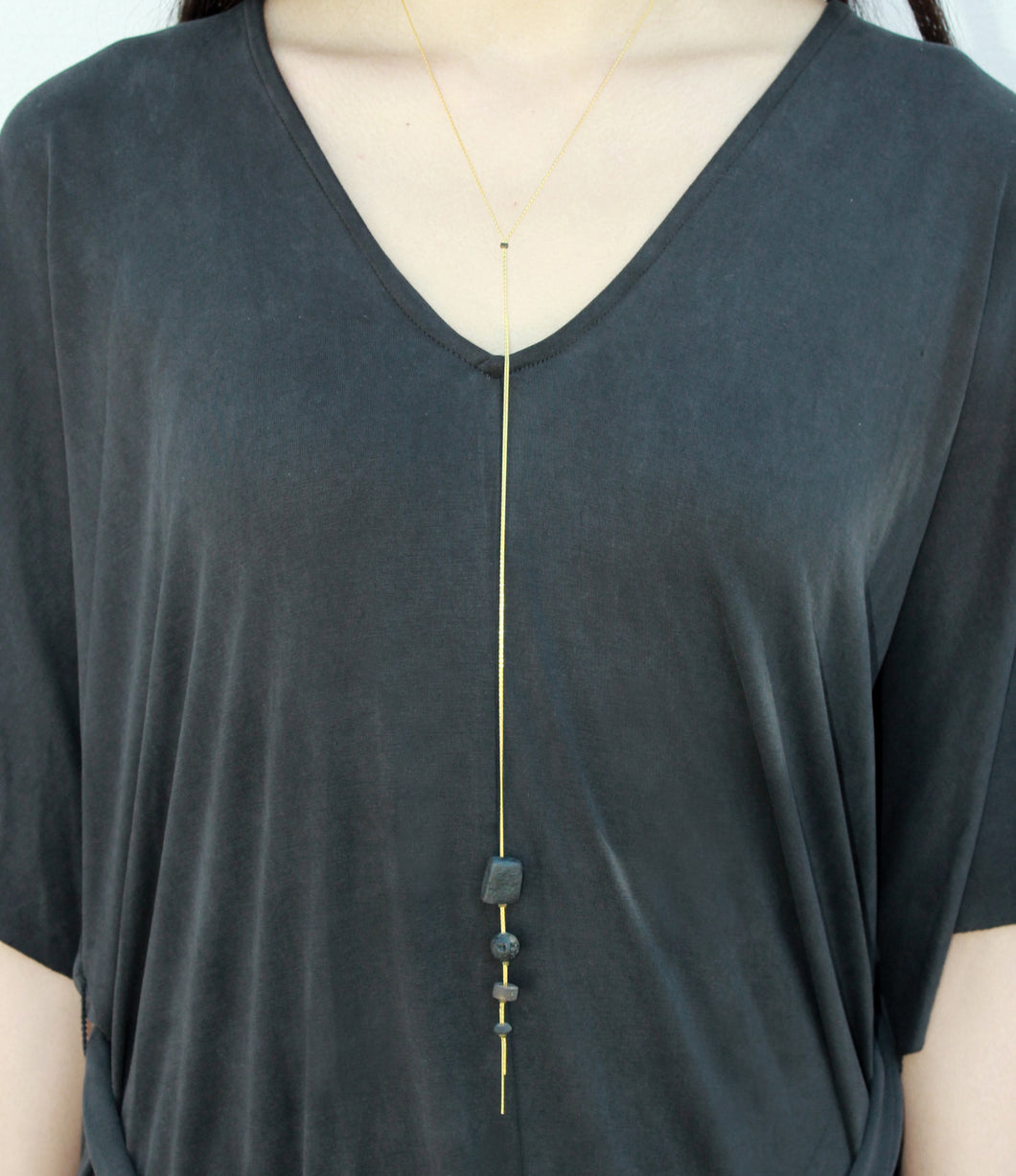 Cometa Long Necklace - Onyx, Pyrite and Lava Lariat Necklace - MERCe