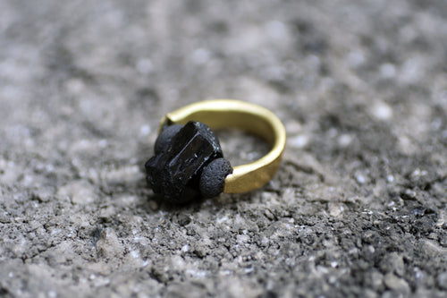 Karat Tourmaline Ring - Raw Tourmaline, Lava and Brass Ring - MERCe