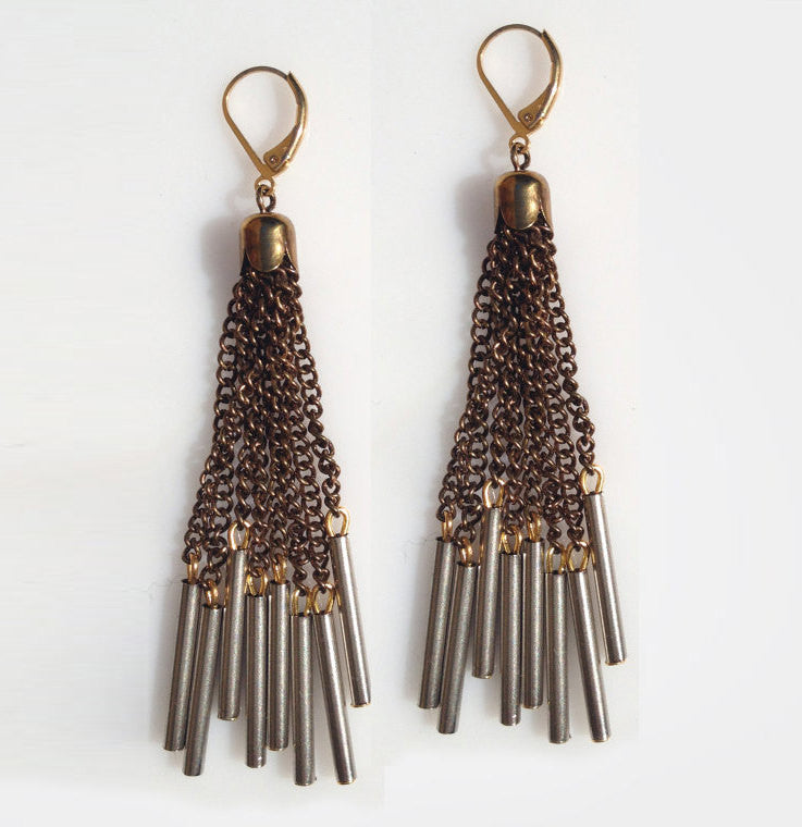 Antique Brass Chandelier Chain Tassel Earrings - MERCe